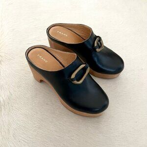 FRAME Le Lone Black Platform Clogs with Brass Buckle, Size 7